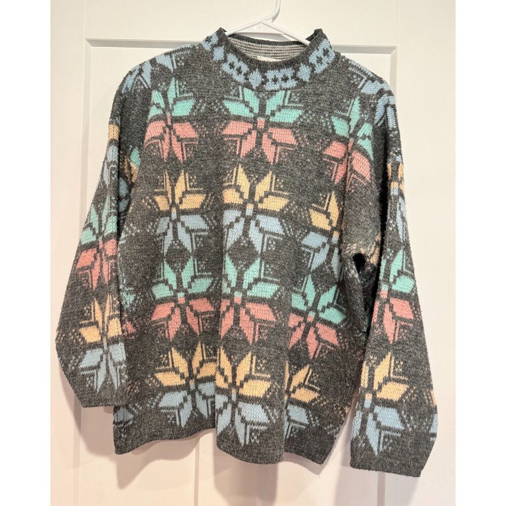 Needles & Yarn Women's Small Fair Isle Snowflake Knit Sweater Retro Pastel